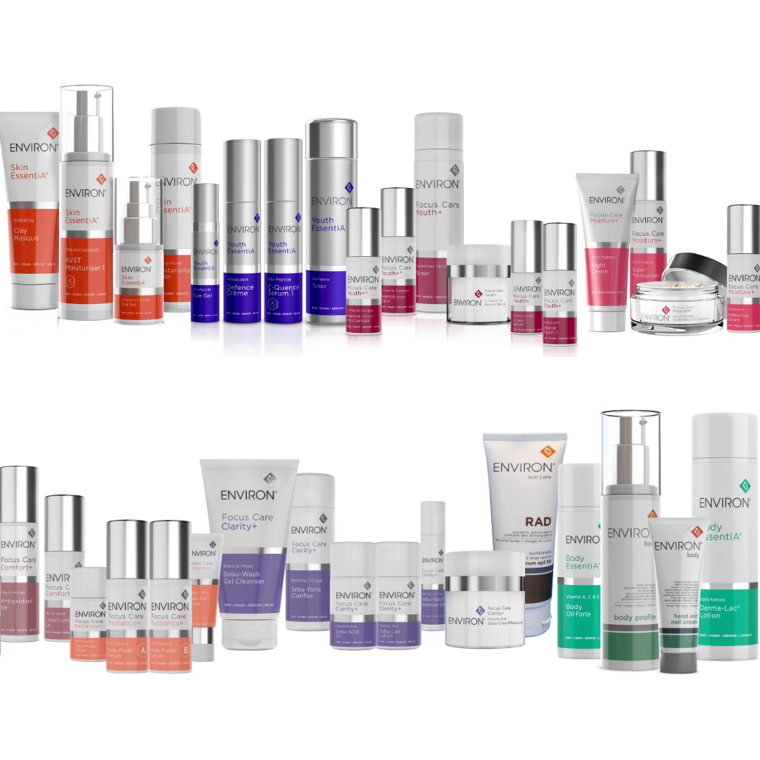 A collection of environ skincare bottles and tubes with silver caps and colorful accents in an article about peptides in skin care products
