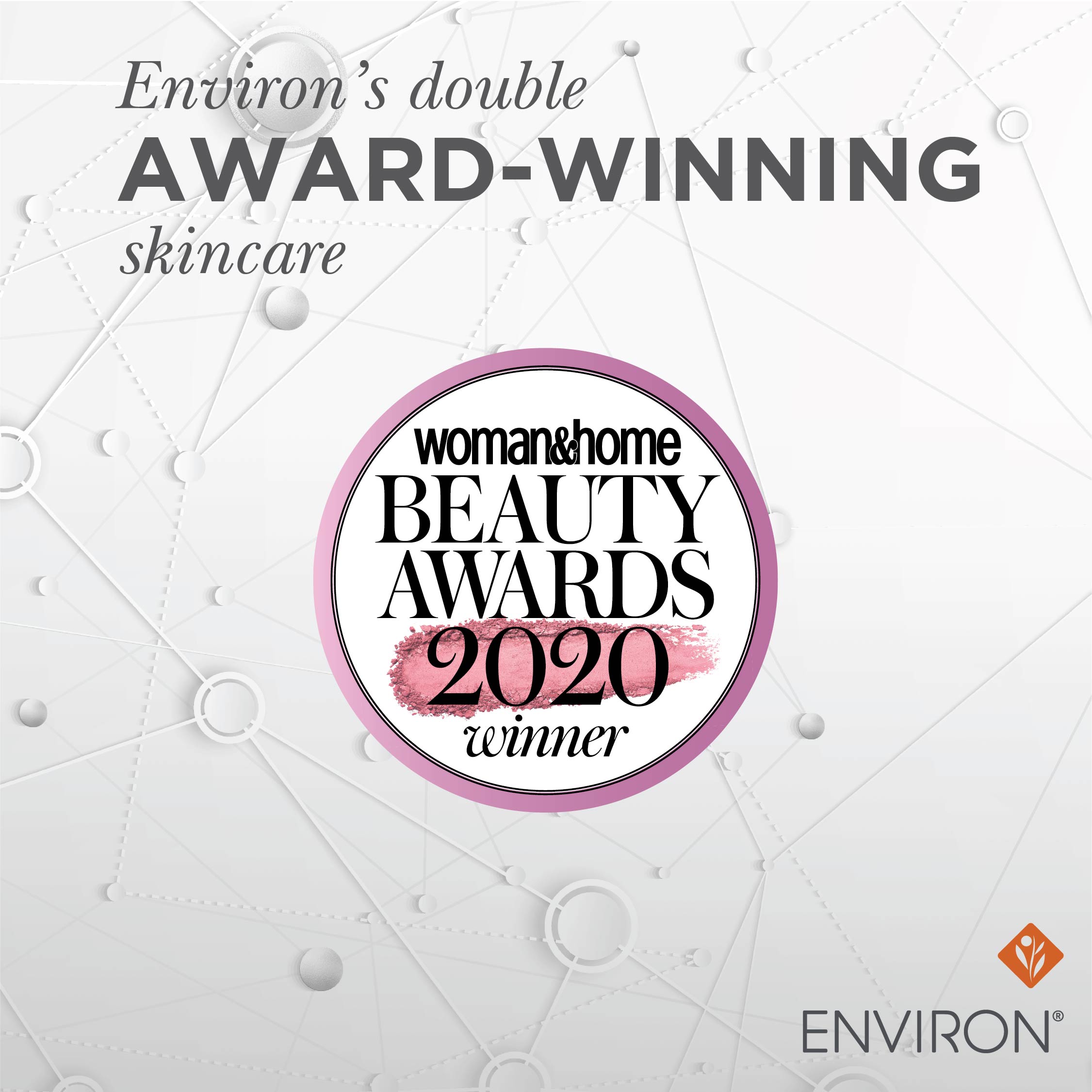 Pink and white circular badge for woman&home beauty awards 2020 winner featured in environ skin care article
