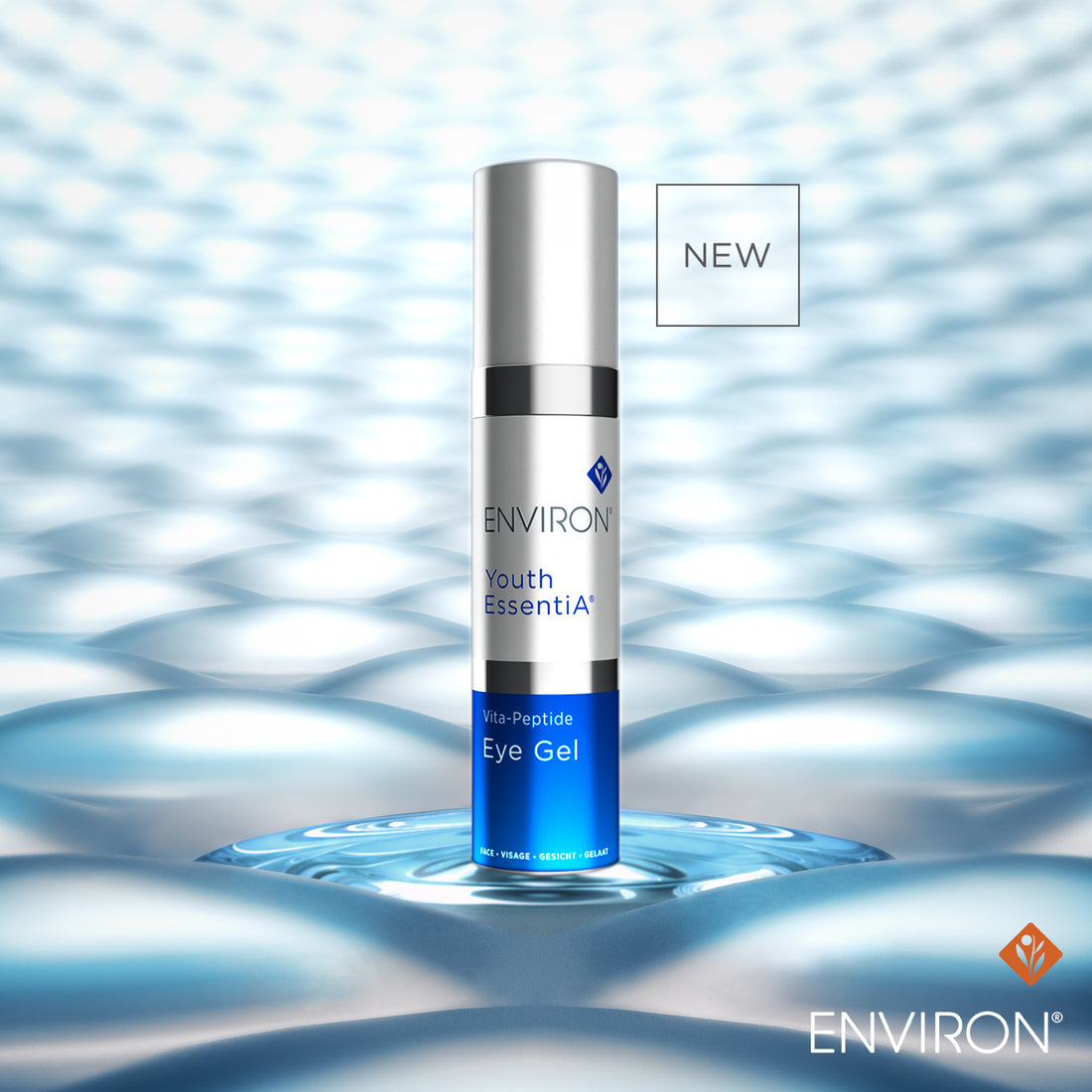 Silver and blue cylindrical bottle of environ youth essentia vita-peptide eye gel for future beauty care