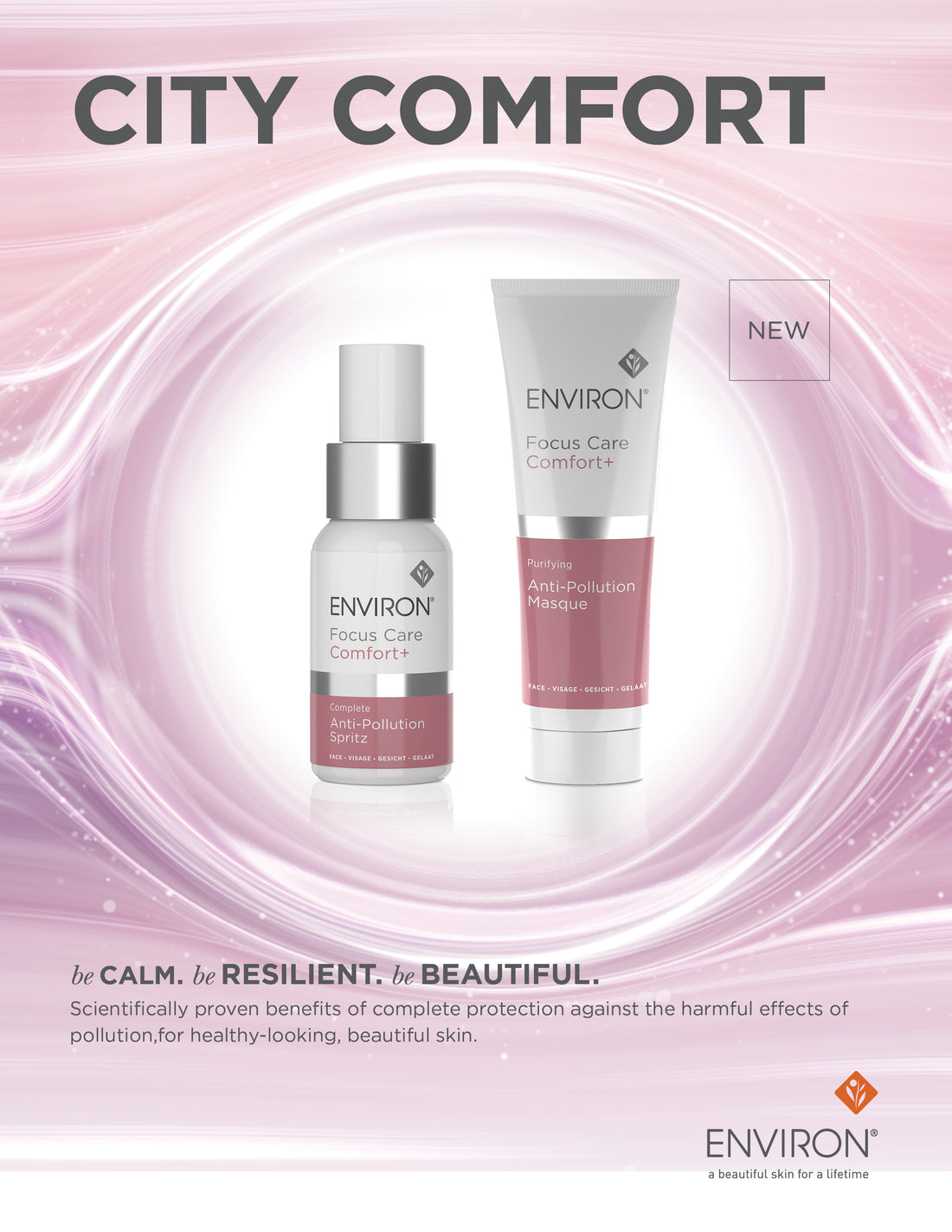 Silver and pink environ focus care comfort plus anti-pollution skincare set with spray bottle and tube for skin protection