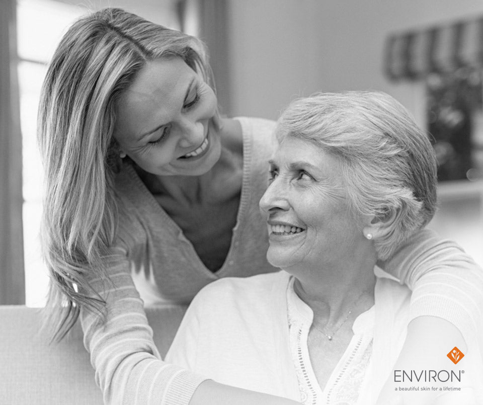 Black and white promotional image of environ defy your age focus care youth plus skincare range with brand logo