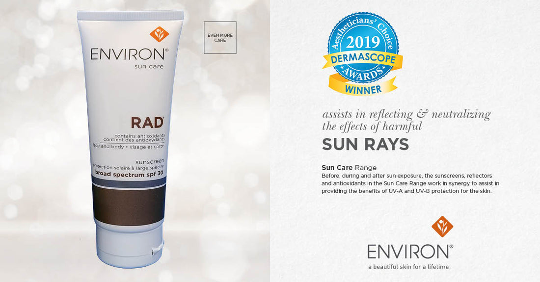 White tube of Environ rad sunscreen with brown band and silver cap featured as 2019 favorite body sunscreen award winner