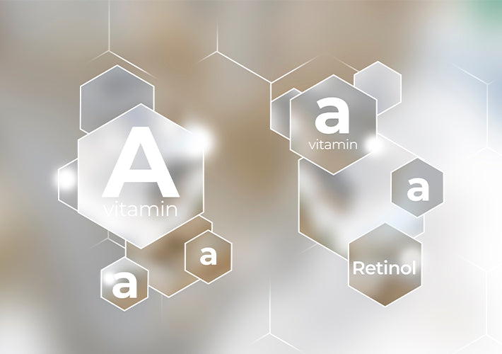 A sleek translucent hexagonal graphic featuring the letter a with vitamin a retinol and molecular labels