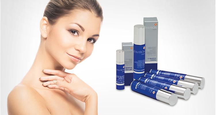 Blue and silver enviroc skincare set with sleek cylindrical bottles and matching boxes for beautiful skin care routine