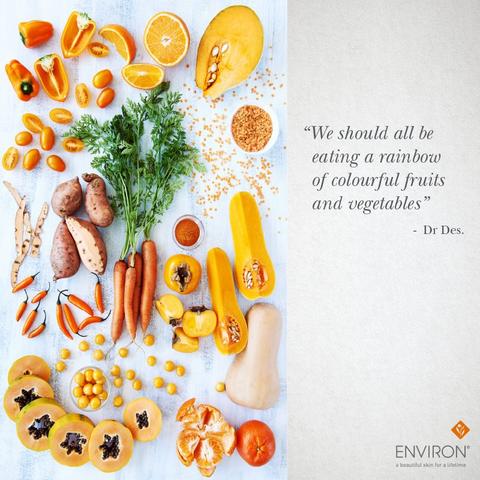 A vibrant assortment of fresh colorful fruits and vegetables arranged for a healthy-looking skin diet display