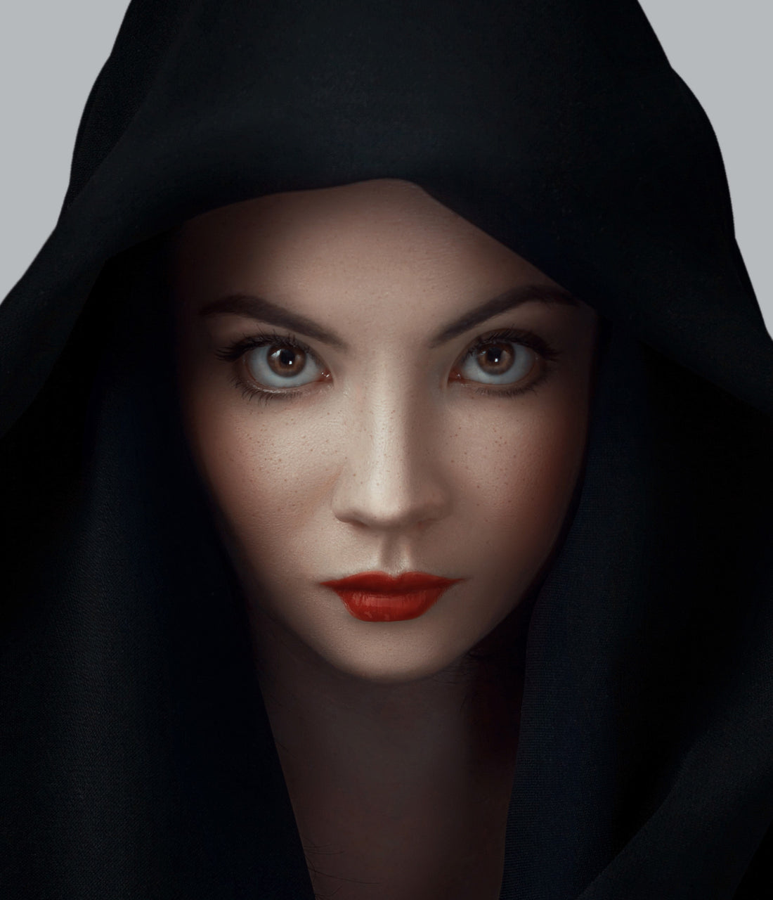 A woman wearing a black hooded garment with red lipstick promoting boo-tiful skin care made easy