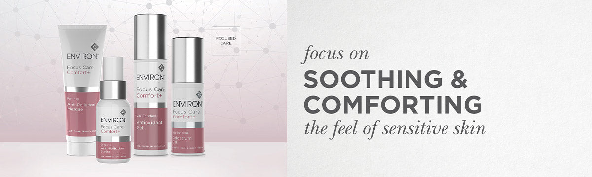 Environ skincare focus care comfort plus collection with sleek minimalist bottles and tubes in soft pink and silver tones