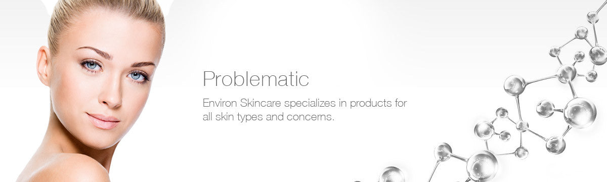 A minimalist environ skincare ad featuring a woman with radiant skin and molecular graphics in the problematic collection