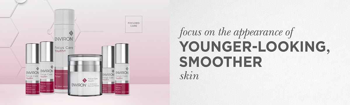 Silver and pink environ skincare Focus Care Youth+ set with central jar and matching smaller bottles for youthful skin care