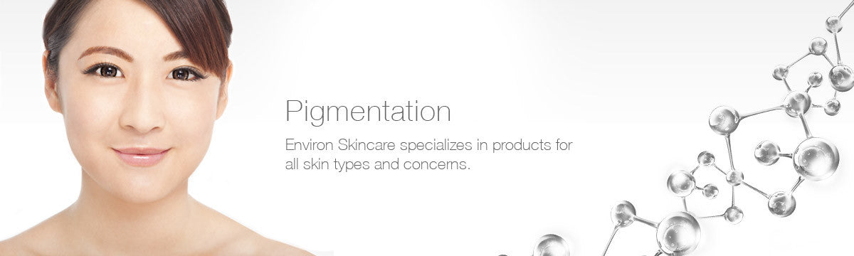 A woman with smooth fair skin and dark hair styled in a side part in a pigmentation skincare collection.