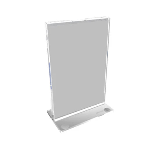 A clear acrylic table sign holder stands upright on a sturdy base to display menus or promotional signage.