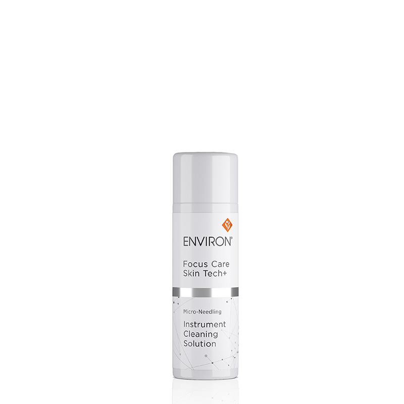 A bottle of Environ Focus Care Skin Tech+ Micro-Needling Instrument Cleaning Solution stands against a plain white background.
