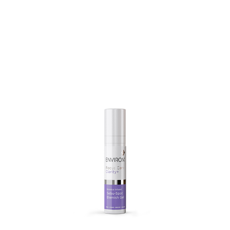 A white and silver pump bottle of Environ Focus Care Clarity+ Sebu-Spot Blemish Gel provides targeted spot treatment for clearer-looking skin.