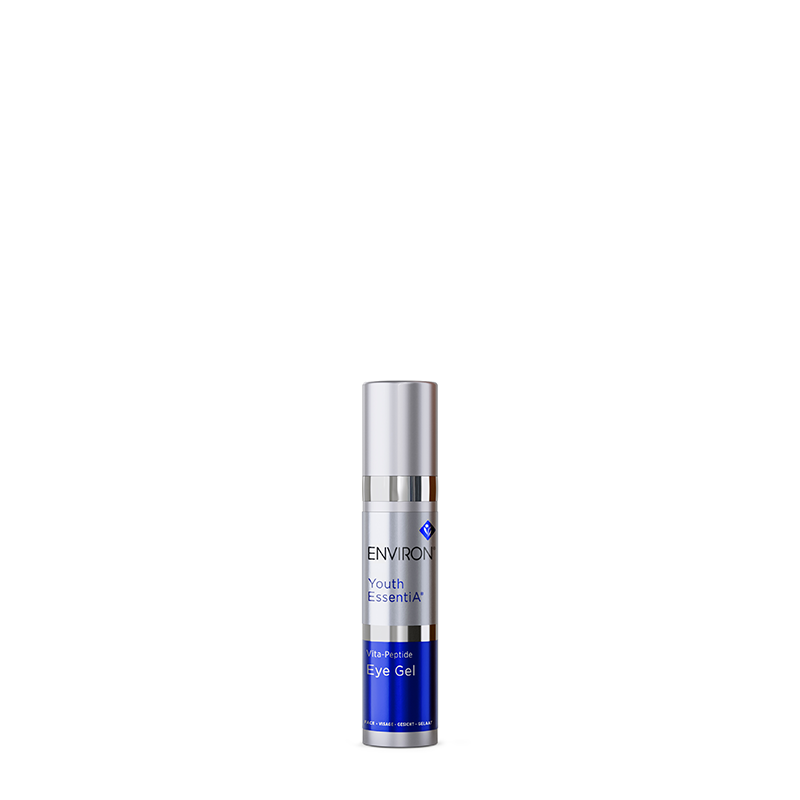 A sleek silver and blue pump bottle of Environ Youth EssentiA Vita-Peptide Eye Gel stands centered against a white background.