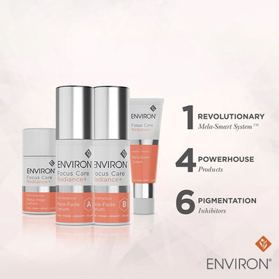 The environ focus care radiance+ mela-fade serum in sleek silver and white cylindrical bottles with orange accents.