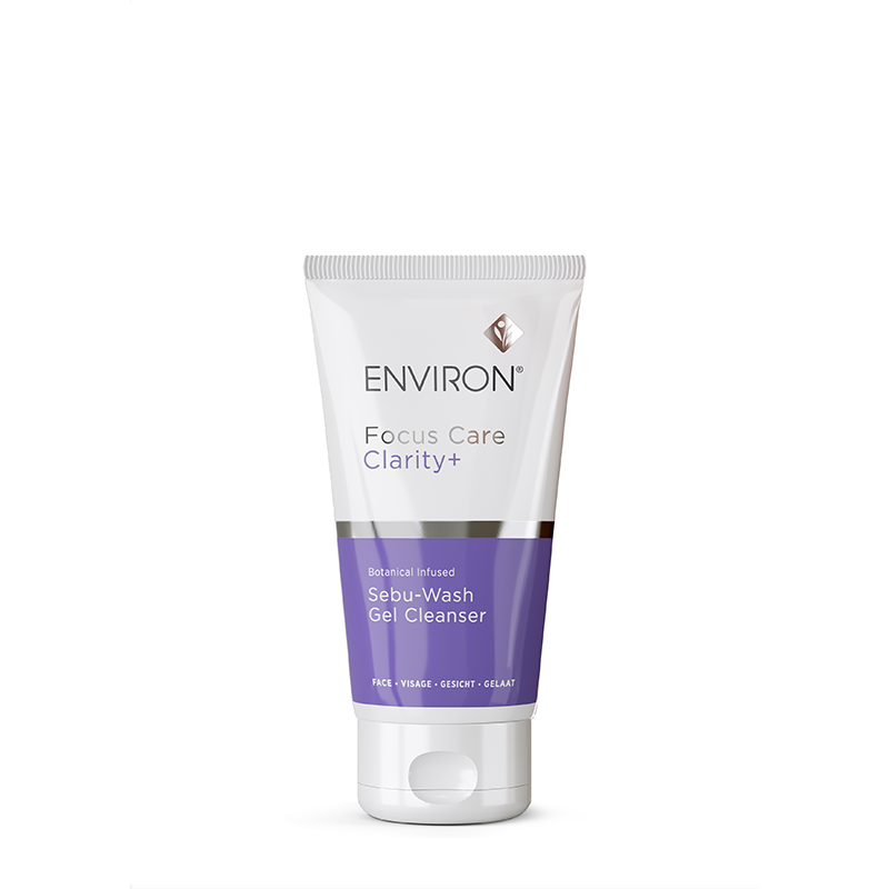 Environ Focus Care Clarity+ Sebu-Wash Gel Cleanser features a botanical-infused formula in a sleek white and purple squeeze tube.