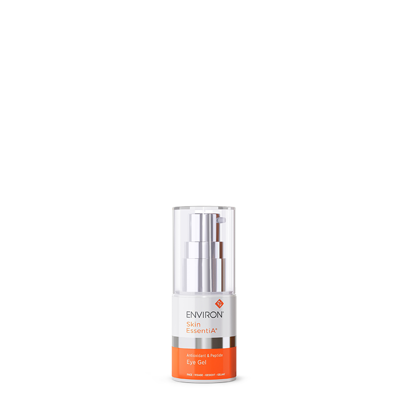 The Environ Skin EssentiA Antioxidant &amp; Peptide Eye Gel sits in its signature orange and white pump bottle against a crisp white background.
