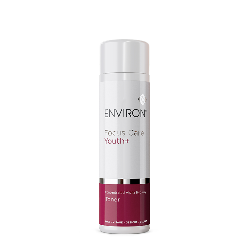 A white and maroon bottle of Environ Focus Care Youth+ Concentrated Alpha Hydroxy Toner stands centered against a white background.