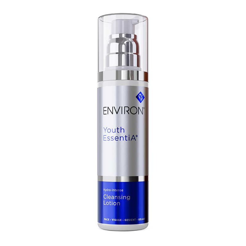 A silver and blue pump bottle of Environ Youth EssentiA Hydra-Intense Cleansing Lotion stands against a clean white background.