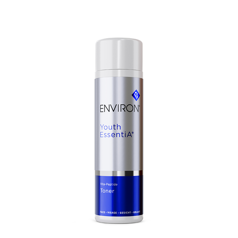 A sleek silver and blue bottle of Environ Youth EssentiA Vita-Peptide Toner stands against a white background.