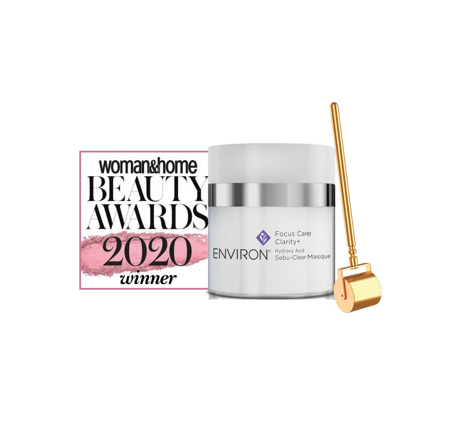 White ceramic jar with silver band and gold roller applicator, environ focus care clarity+ hydroxy acid sabu-clear masque