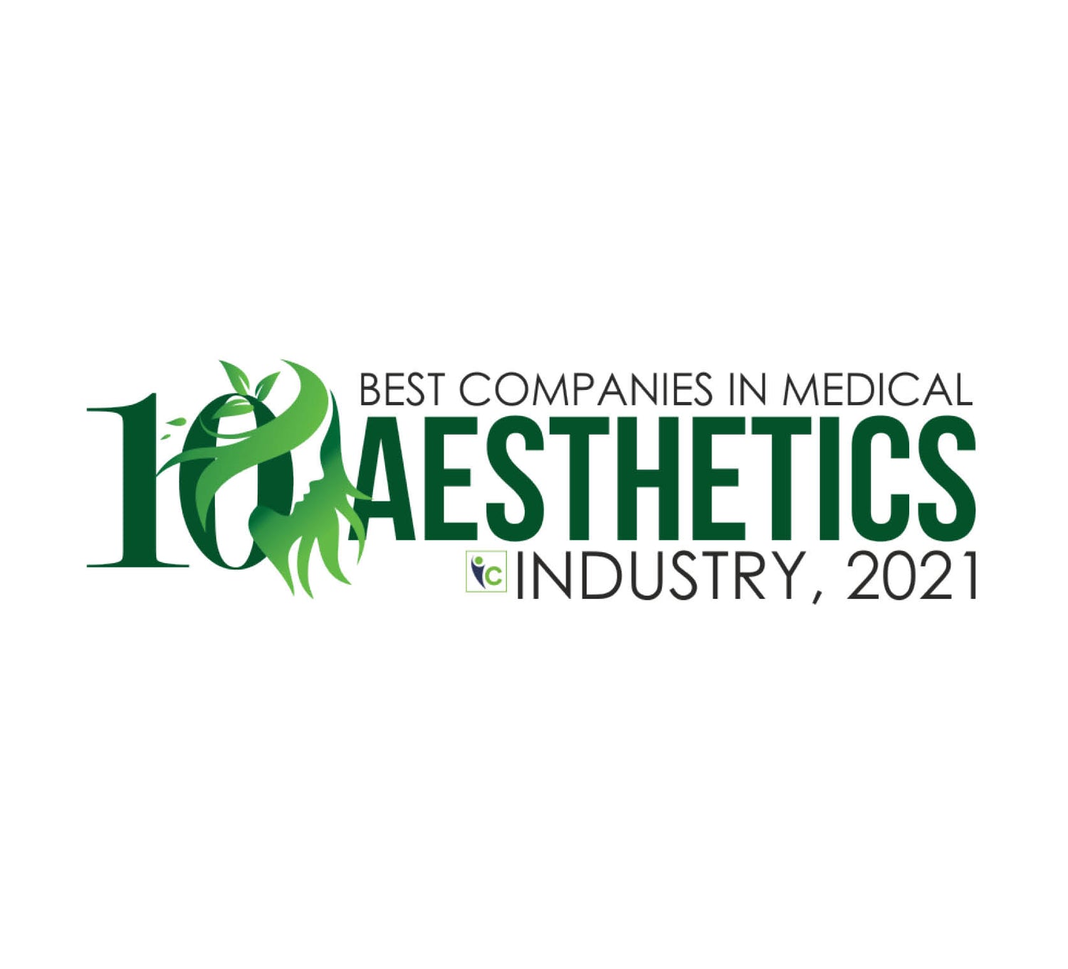 Green logo featuring the text ’10 best companies in medical aesthetics industry, 2021’’ with stylized leaf and silhouette design.