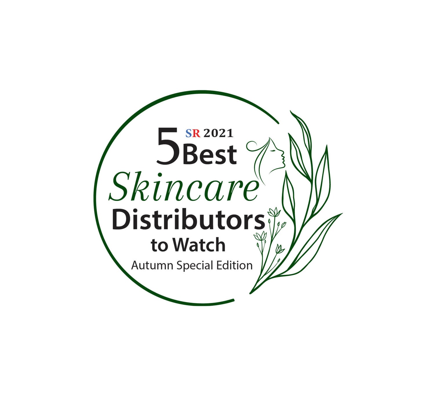 Green circular logo featuring the text ’5 best skincare distributors to watch’ with a stylized silhouette of a woman’s profile and leafy botanical elements.