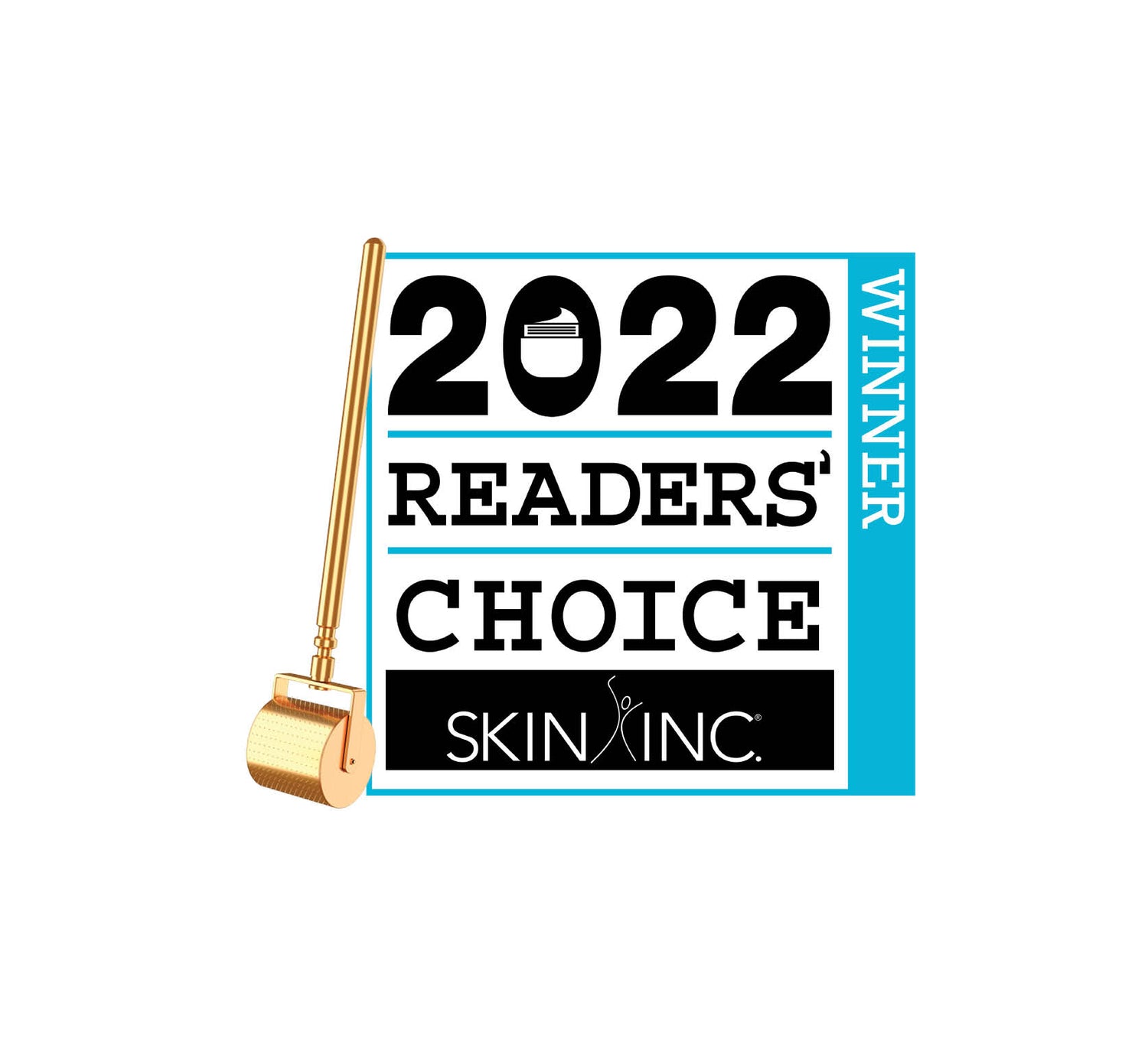 Gold-colored derma roller with a cylindrical head and handle, positioned beside the 2022 readers’ choice winner logo for skin inc.