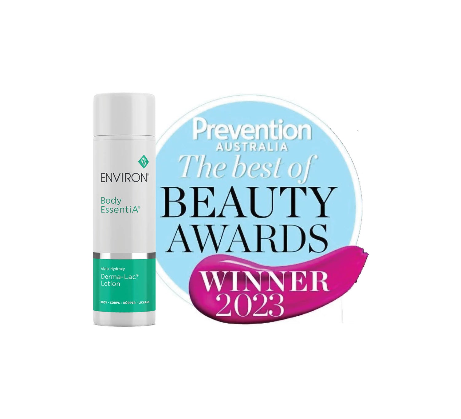 White cylindrical bottle of environ body essentia derma-lac lotion with a teal label and silver band.