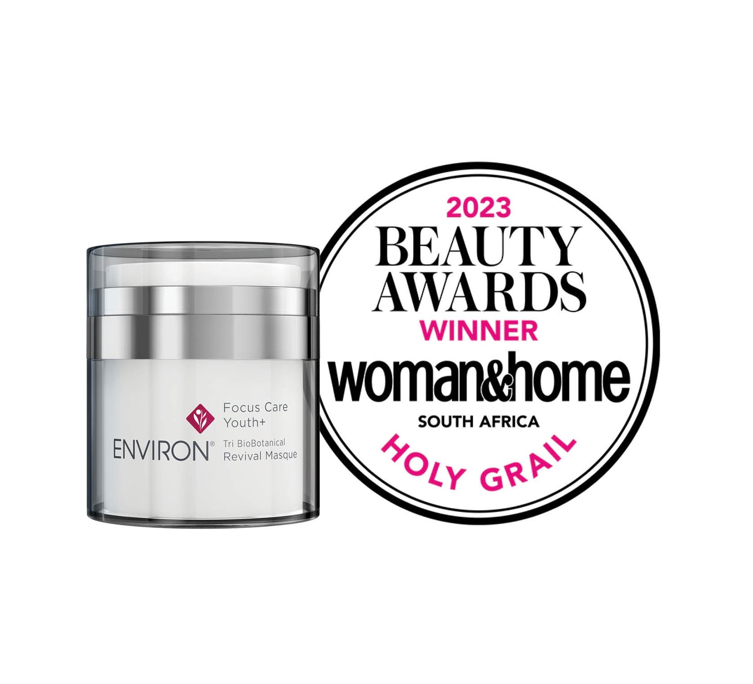 Silver and clear glass jar with a sleek metallic lid, labeled ’environ focus care youth+ tri biobotanical revival masque’