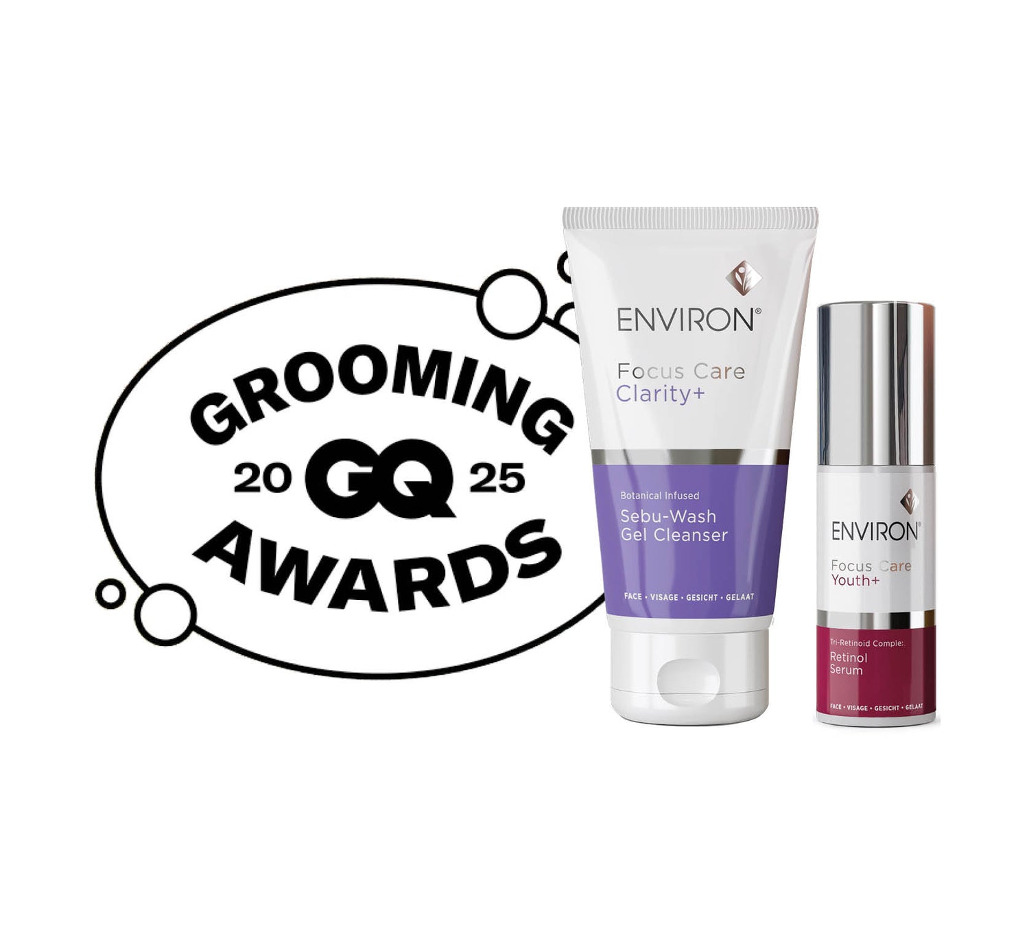 White and purple environ focus care clarity+ sebu-wash gel cleanser tube next to a silver and maroon environ focus care youth+ retinol serum bottle