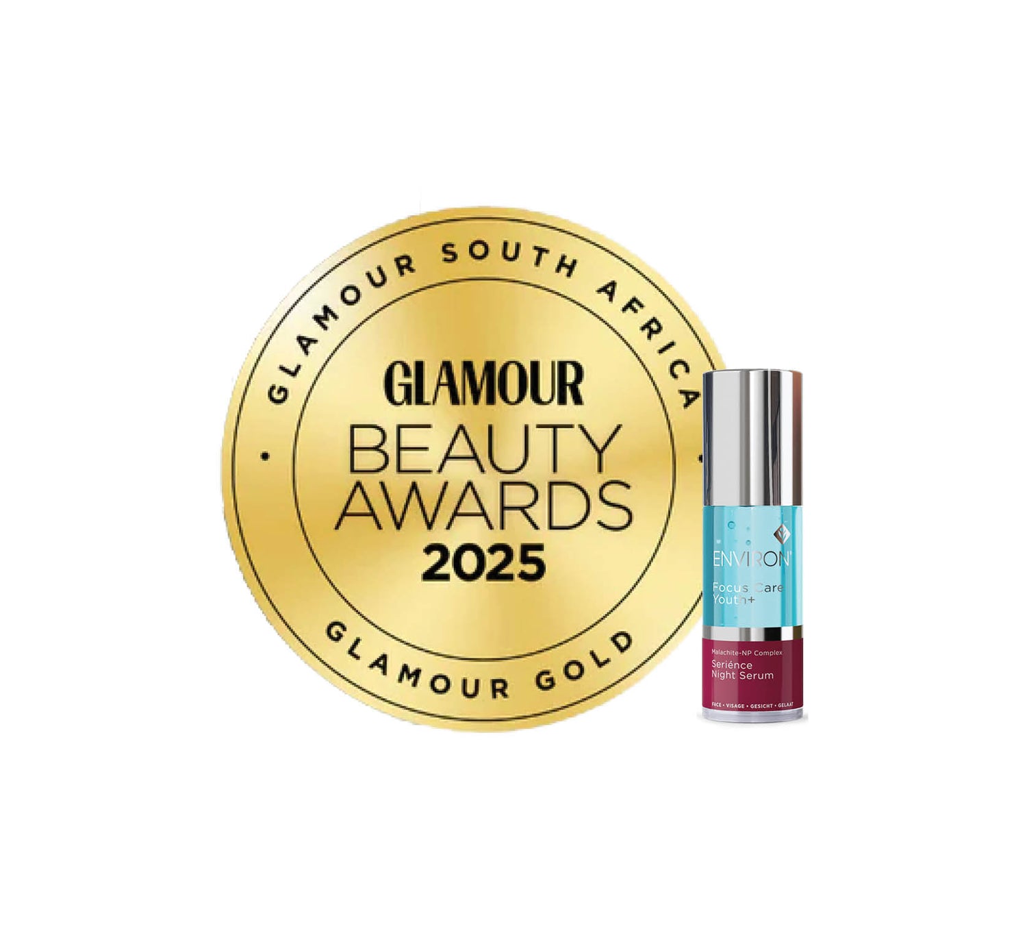 A sleek, cylindrical envion focus youth+ serenity night serum bottle with a silver cap and label featuring teal and burgundy accents.