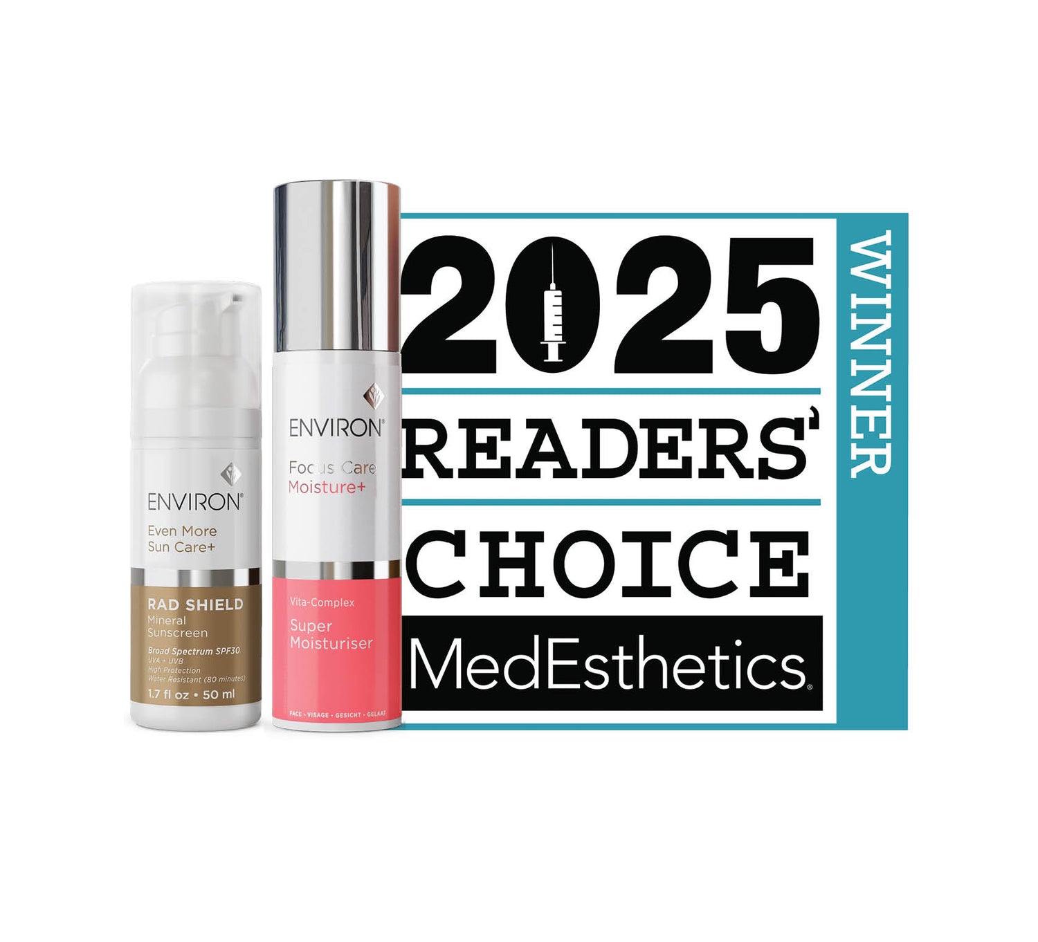 Silver and pink environ skincare bottles with clear caps, featuring ’rad shield’ on the left bottle and ’focus care moisture+’ on the right.