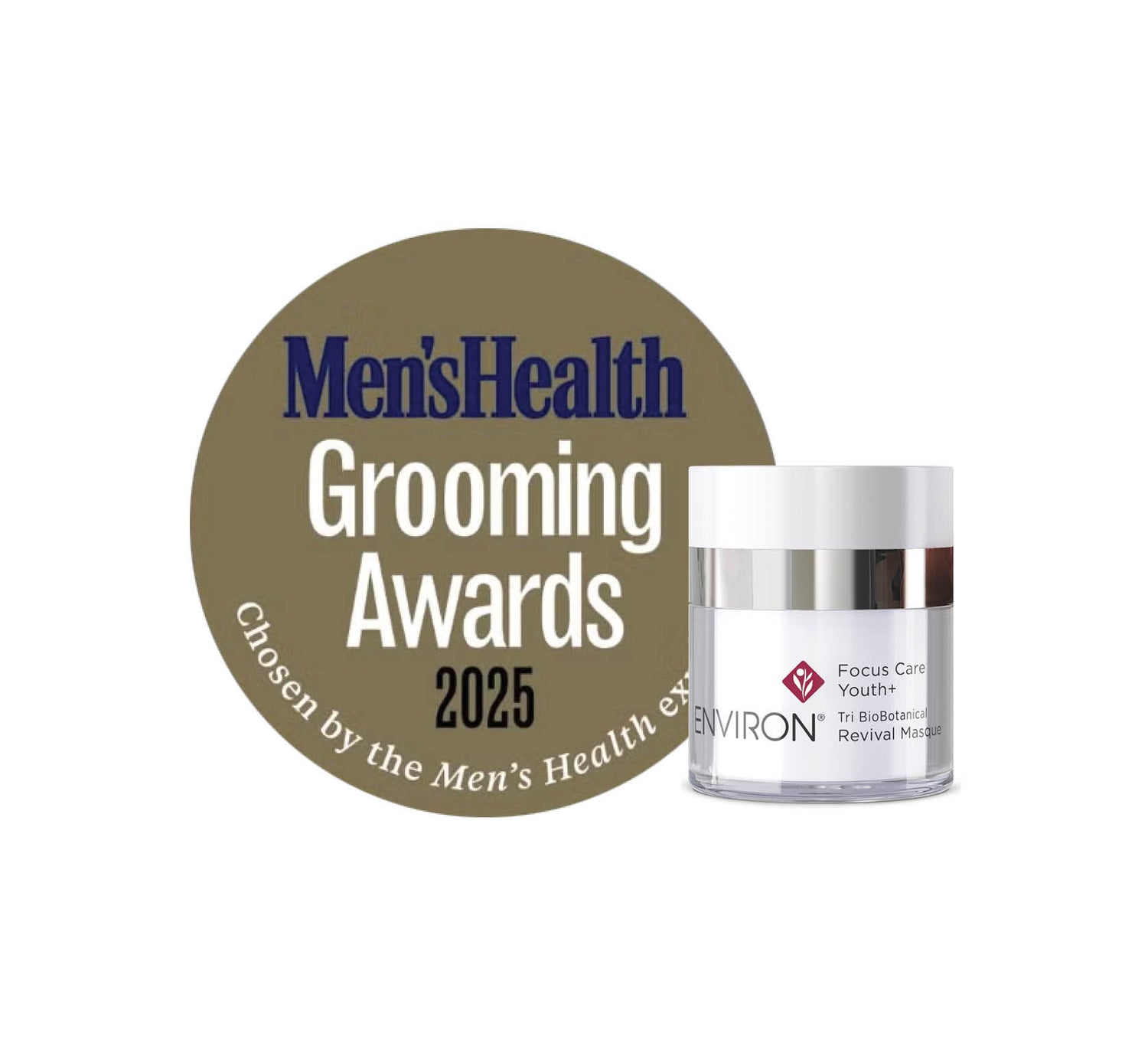 The environ focus care youth+ tri botanical revival masque in a clear glass jar with a white lid and silver band.
