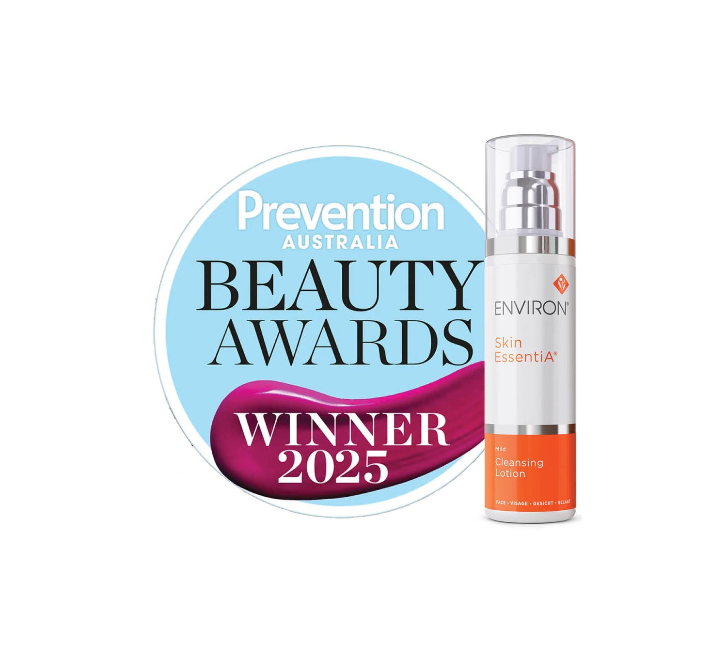 White and orange environ skin essentia® mild cleansing lotion bottle with a silver pump dispenser.