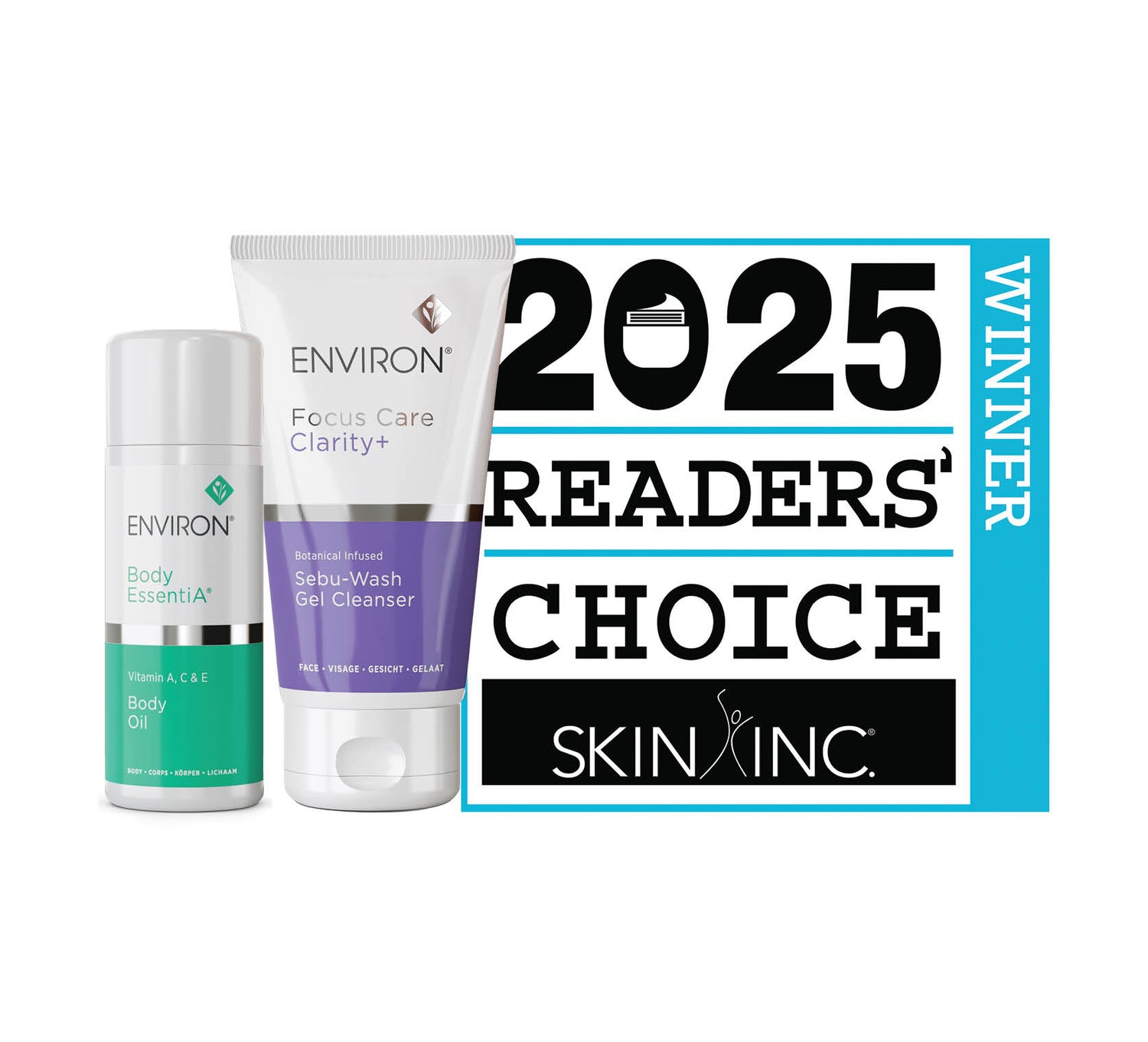 Environ skincare set featuring a white and green body oil bottle alongside a purple and white gel cleanser tube.