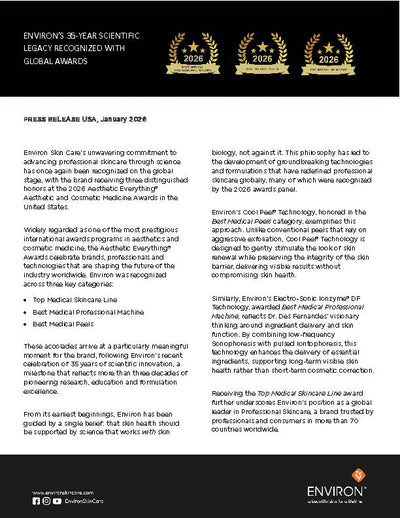 Environ’s 2026 global awards press release, featuring gold laurel wreath badges on a black background.