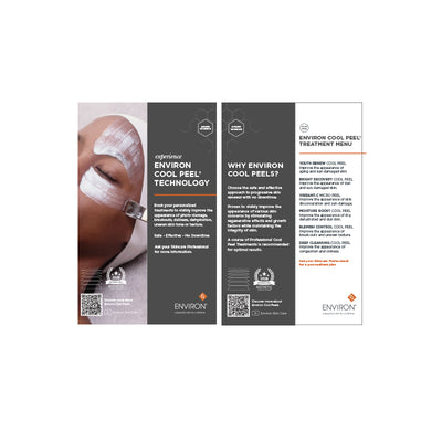 Environ cool peel treatment menu brochure featuring a person with white peel mask and silver applicator on their face.