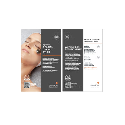 Environ essential treatment menu brochure with a dark gray and white design featuring text, logos, and an image of a woman receiving facial treatment.