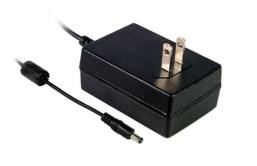A black AC power adapter features a two-prong wall plug and a power cord with a DC barrel connector.