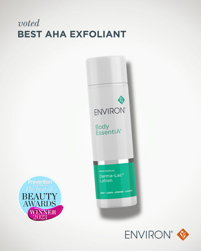 White cylindrical bottle with a teal label and silver band, featuring the environ body essentia alpha hydroxy derma-lac lotion
