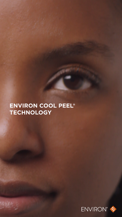 Environ cool peel technology label on a close-up of smooth, radiant skin.