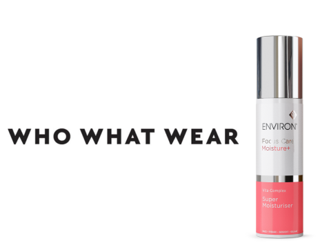 A sleek silver and coral pink environ focus care super moisturiser bottle with a metallic cap.