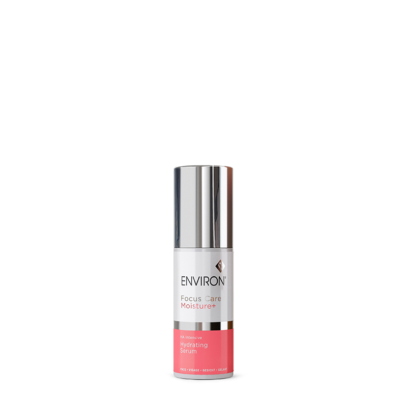 A sleek bottle of Environ Focus Care Moisture+ HA Intensive Hydrating Serum stands against a clean white background.
