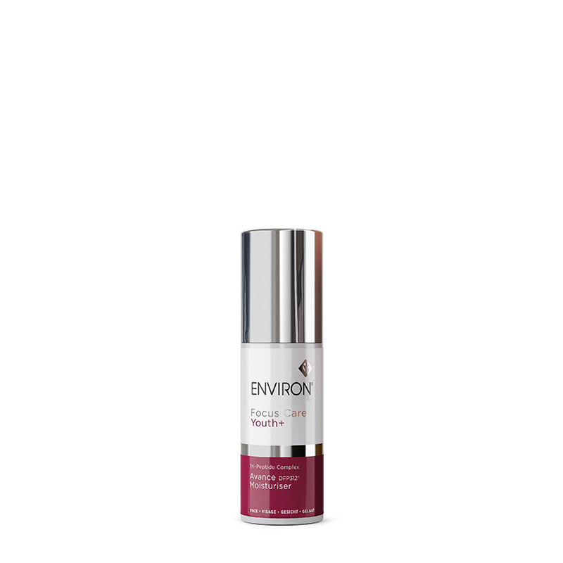 An Environ Focus Care Youth+ Tri-Peptide Complex Avance DFP312 Moisturiser bottle stands upright against a clean white background.