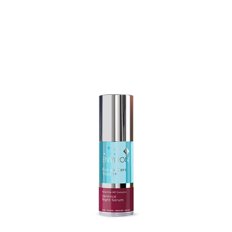 Environ Focus Care Youth+ Serience Night Serum showcases its blue gel formula and silver cap against a white background.
