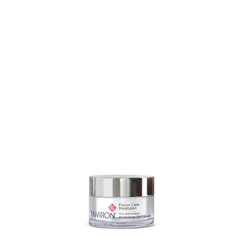A jar of Environ Focus Care Moisture+ Vita-Antioxidant Hydrating Oil Capsules sits against a plain white background.