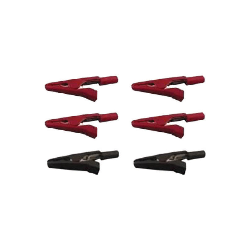 Four red and two black alligator clips for electrical testing and circuit prototyping are arranged in two neat columns.