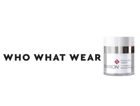 A sleek, transparent glass jar with a white lid and silver band, containing the environ focus care youth revival mask.