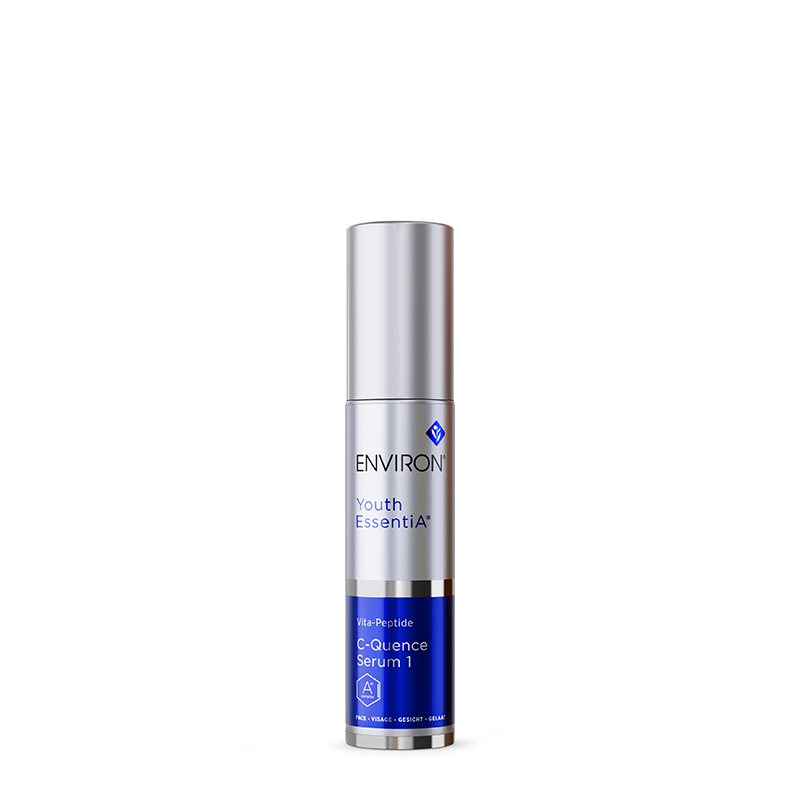 A sleek silver bottle of Environ Youth EssentiA Vita-Peptide C-Quence Serum 1 provides advanced anti-aging facial skincare.
